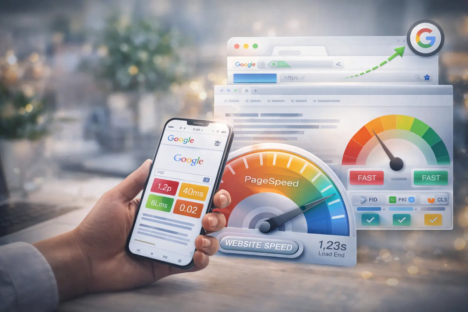 Ladezeitmessung einer Website mit PageSpeed-Anzeige auf Smartphone und Desktop
