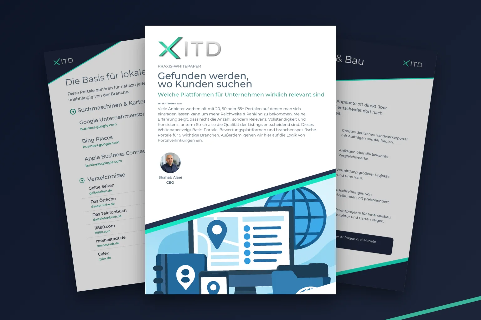 Whitepaper „Gefunden werden, wo Kunden suchen“: Deckblatt vor den Seiten „Die Basis für lokale Sichtbarkeit“ und „Handwerk & Bau“