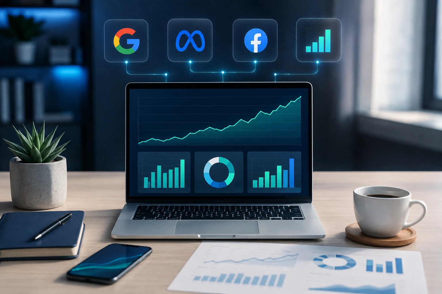 Auswertung laufender Kampagnen auf Google und Meta am Arbeitsplatz