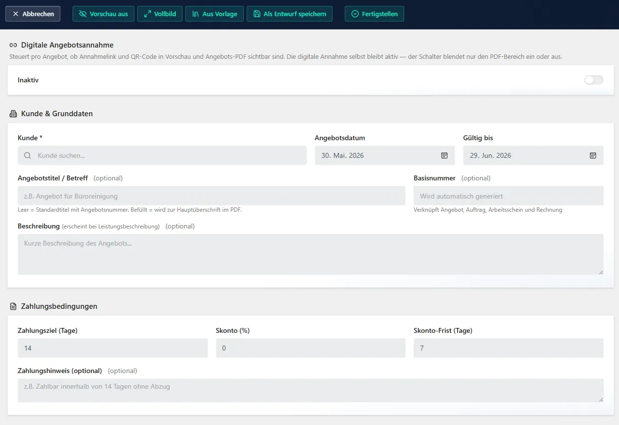 XFlowAssist: Angebotserstellung mit Kopfbereich, Positionen und Preisen