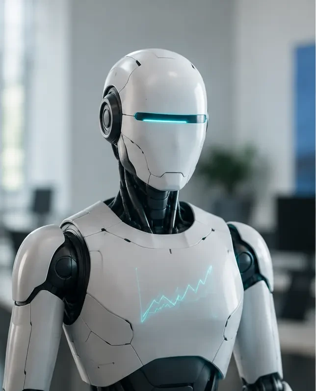 Sinnbild für den Analyse-Agenten: humanoider Roboter mit Liniendiagramm