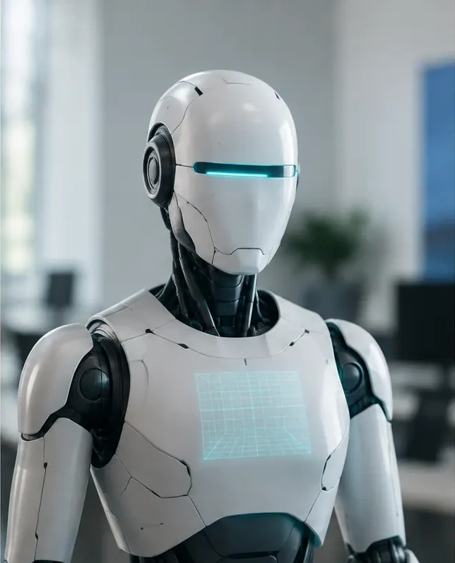 Sinnbild für den Design-Agenten: humanoider Roboter mit Rastermuster