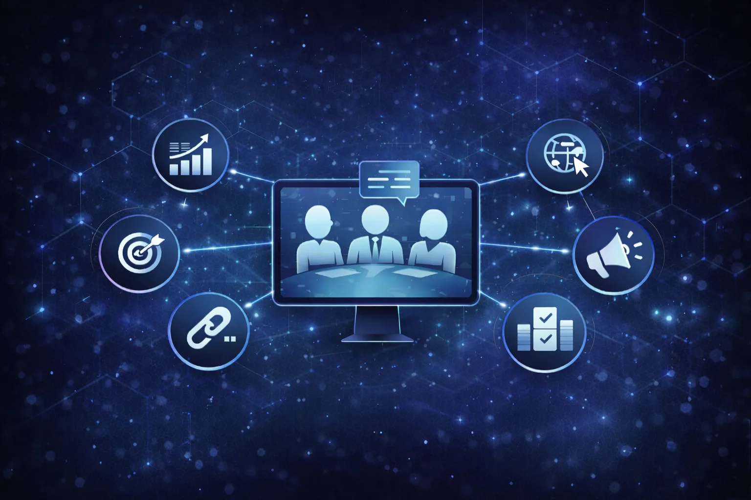Beratungsgespräch zu Online-Marketing mit Diagrammen auf einem Bildschirm