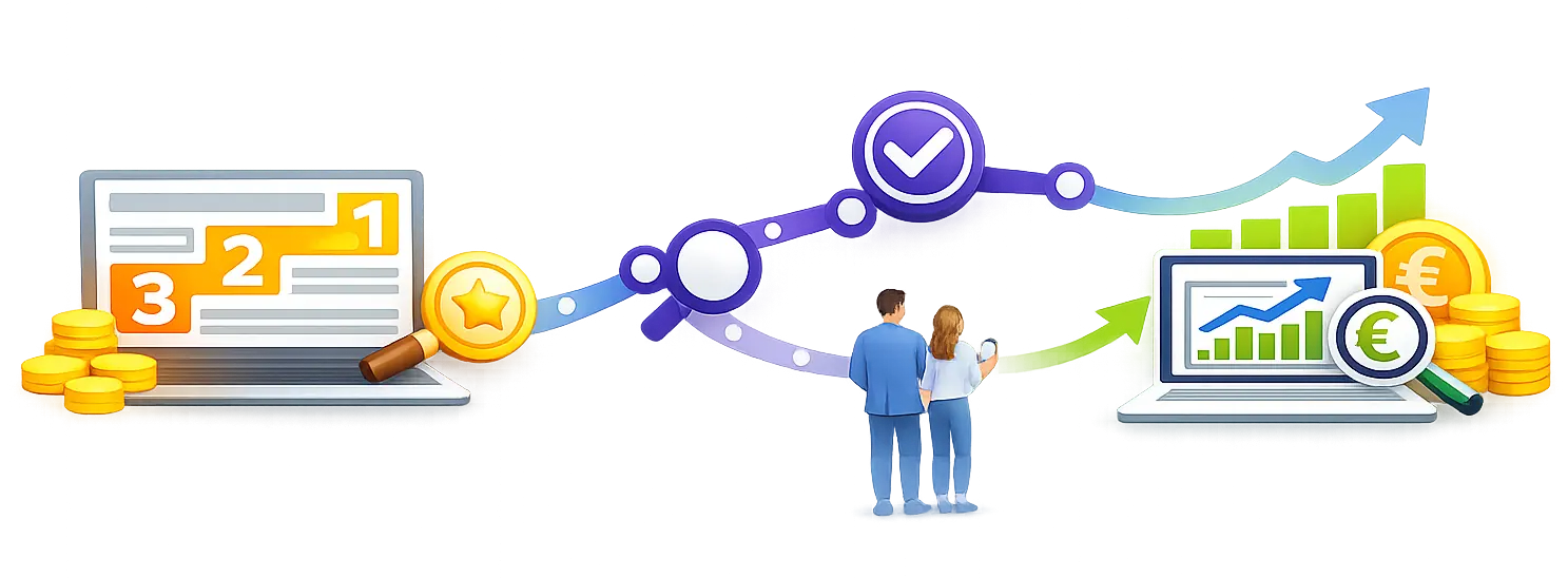 Darstellung der Customer Journey von der ersten Suche ueber die Auswahl bis zur Anfrage